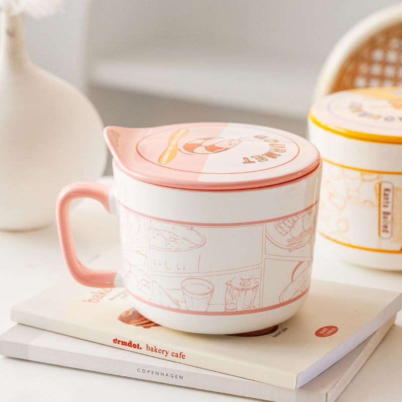 Bát Gốm Ăn Mì / Súp Cỡ Lớn Có Nắp Phong Cách Nhật Bản Cho Học Sinh / Ký Túc Xá / Văn Phòng