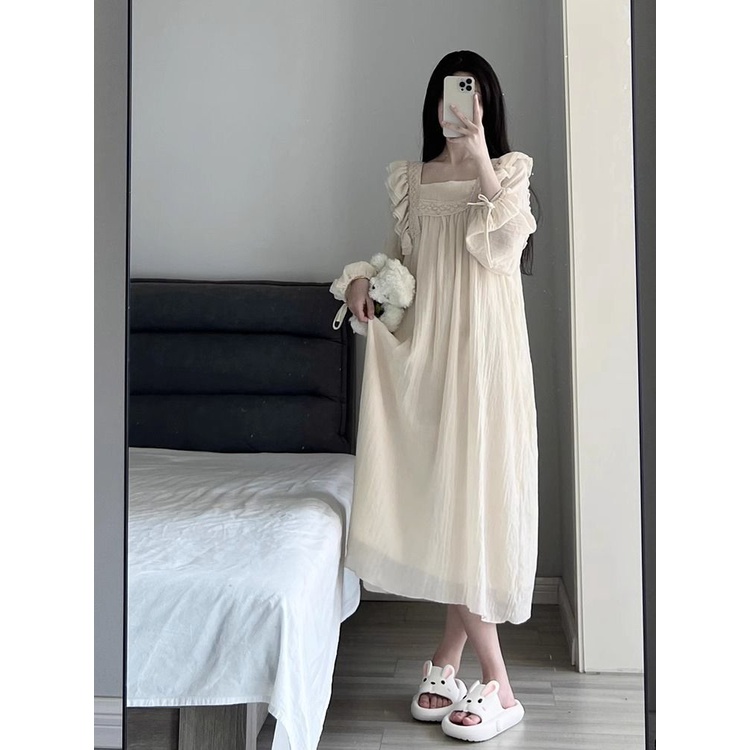 Đầm Ngủ Tay Dài Phối Ren Màu Sắc Ngọt Ngào Thời Trang Xuân Thu Cho Nữ