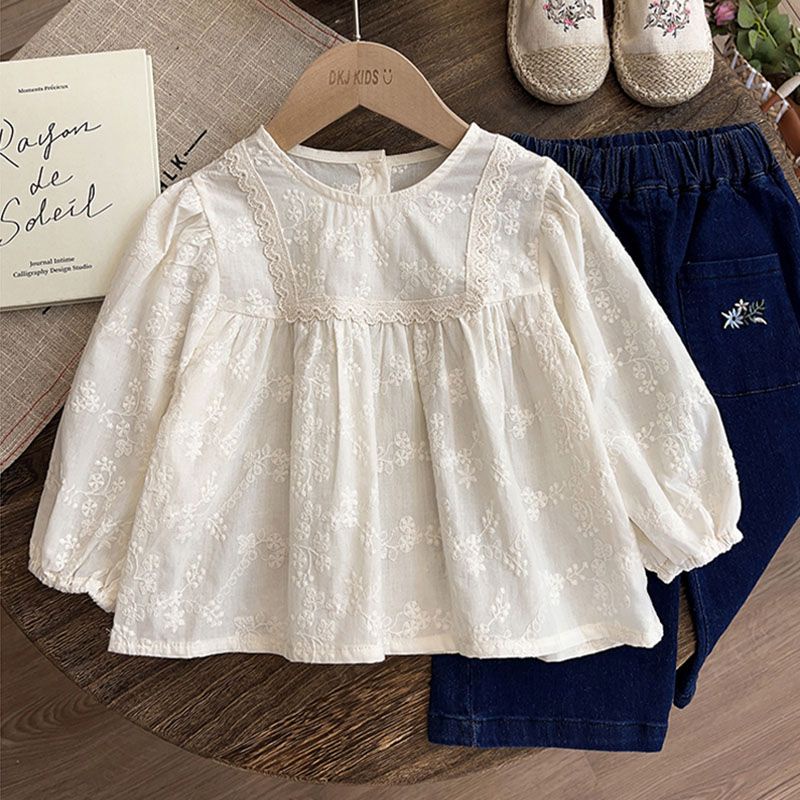 Mới Áo Sơ Mi Tay Dài Thêu Hoa Thời Trang Xuân Thu Cho Bé Gái