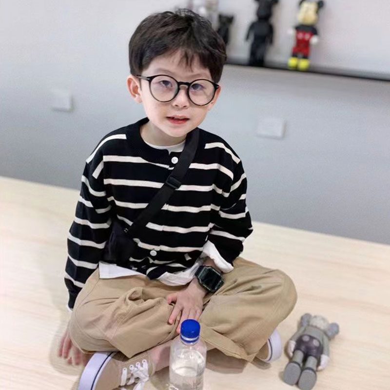 Áo Khoác cardigan Dệt Kim Kẻ Sọc Trắng Đen Phong Cách Hàn Quốc Cho Bé Trai