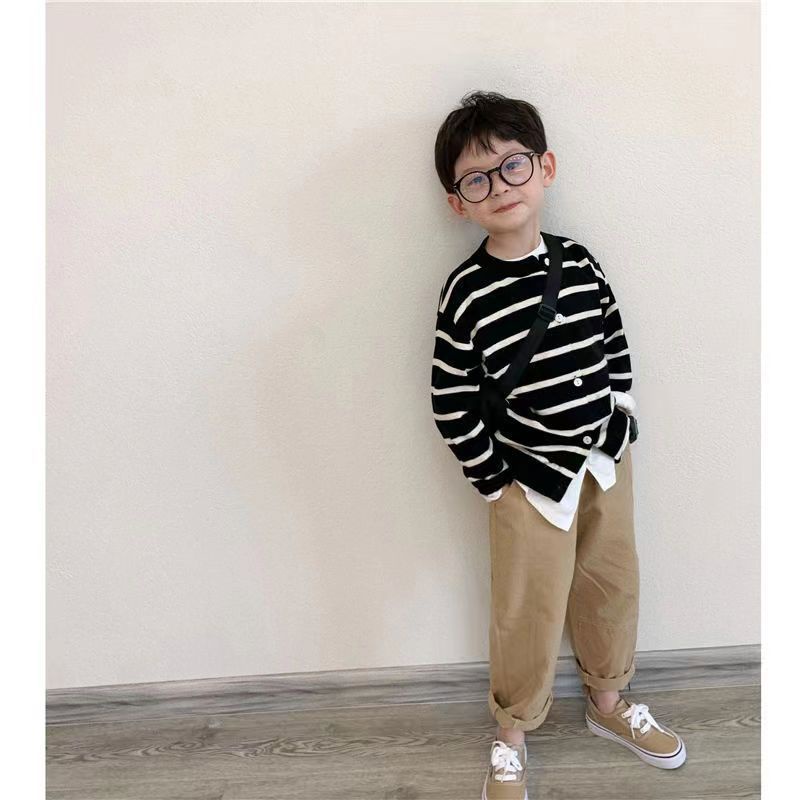 Áo Khoác cardigan Dệt Kim Kẻ Sọc Trắng Đen Phong Cách Hàn Quốc Cho Bé Trai