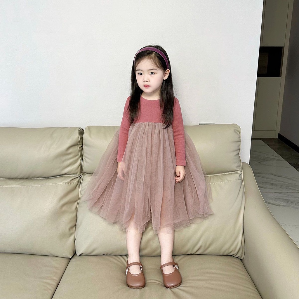 Đầm Công Chúa Tay Dài Phồng Mềm Mại Thời Trang Xuân Thu Cho Bé Gái