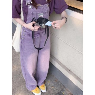 紫色多巴胺牛仔背带裤女夏季ins新款小个子复古宽松阔腿连体裤子quần yếm denim dopamine màu tím dáng rộng thời trang mùa hè hàng mới dành cho bạn nữ o11.22