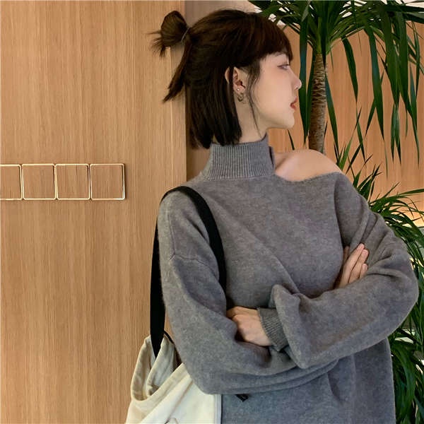 Áo len trễ vai áo len trễ vai tay dài Lazy Wind Off-vai màu xám dài tay áo áo len cho phụ nữ mùa thu lỏng lẻo hiển thị skinny off-vai áo len