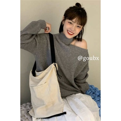 Áo len trễ vai áo len trễ vai tay dài Lazy Wind Off-vai màu xám dài tay áo áo len cho phụ nữ mùa thu lỏng lẻo hiển thị skinny off-vai áo len