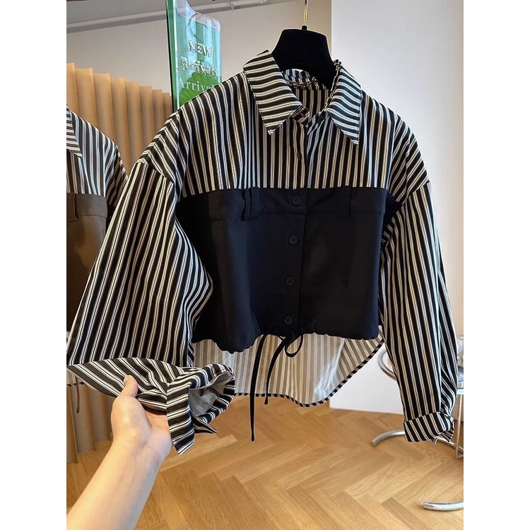 ~ Áo Sơ Mi Ngắn Dáng Rộng Tay Dài Kẻ Sọc Trước Sau Phong Cách Hàn Quốc Tinh Tế Thời Trang Thường Ngày Cho Nữ