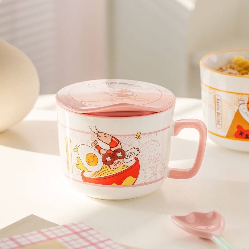 Bát Gốm Ăn Mì / Súp Cỡ Lớn Có Nắp Phong Cách Nhật Bản Cho Học Sinh / Ký Túc Xá / Văn Phòng