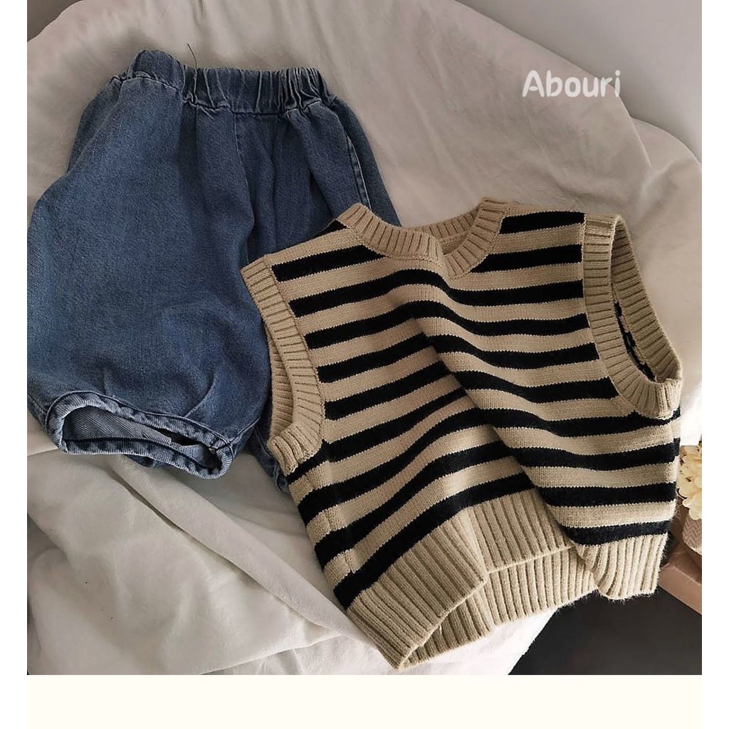 Áo Len Không Tay Cổ Tròn Họa Tiết Kẻ Sọc Phong Cách Hàn Quốc Thời Trang Xuân Thu Cho Bé Trai Và Gái