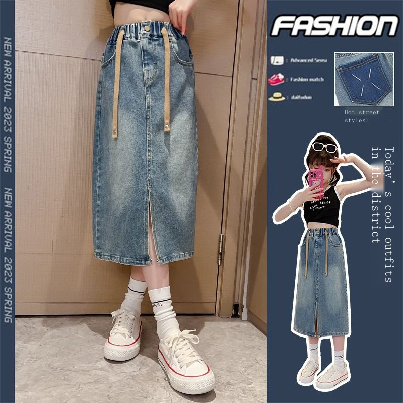 Chân váy jean Dài Qua Gối Thời Trang Xuân Thu 2023 Mới Mẻ Cho Bé Gái
