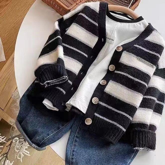 Áo Khoác Cardigan Dệt Kim Kẻ Sọc Rộng Thời Trang Xuân Thu Phong Cách Hàn Quốc Cho Bé Trai Và Gái