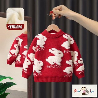 Áo sweater mùa đông dày dặn lót lông cừu họa tiết thỏ đỏ phong cách mới cho bé gái