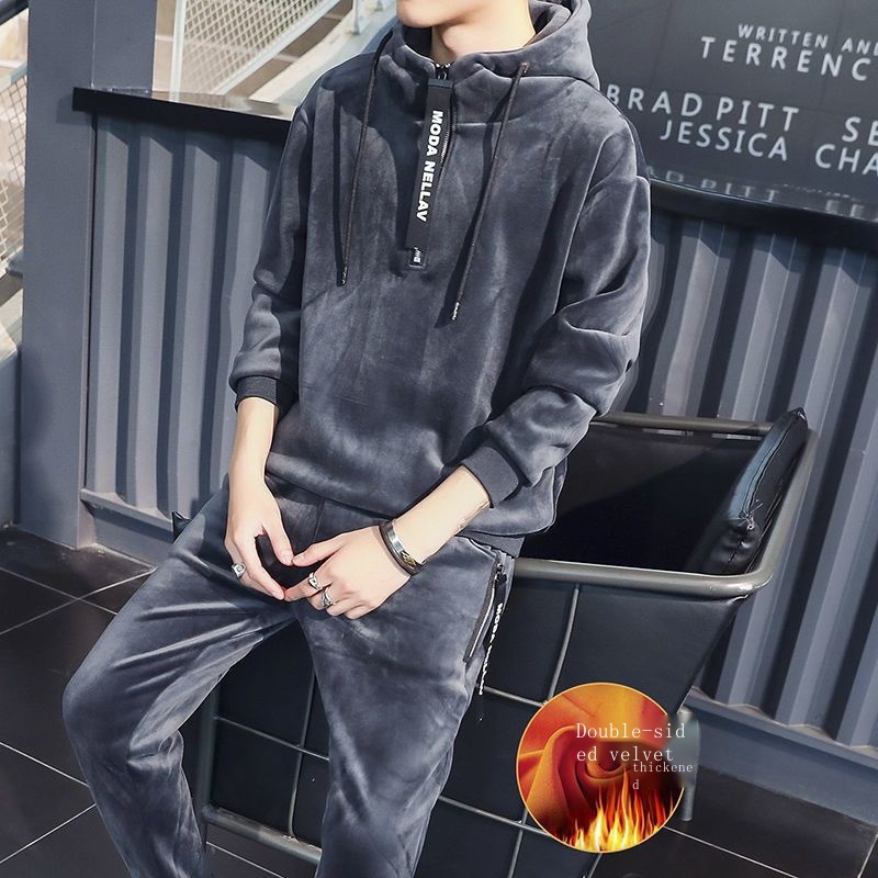 Set Đồ Thể Thao Phối Áo Thun Nhung Hai Mặt Thời Trang Thu Đông 200 pounds Cá Tính Cho Nam