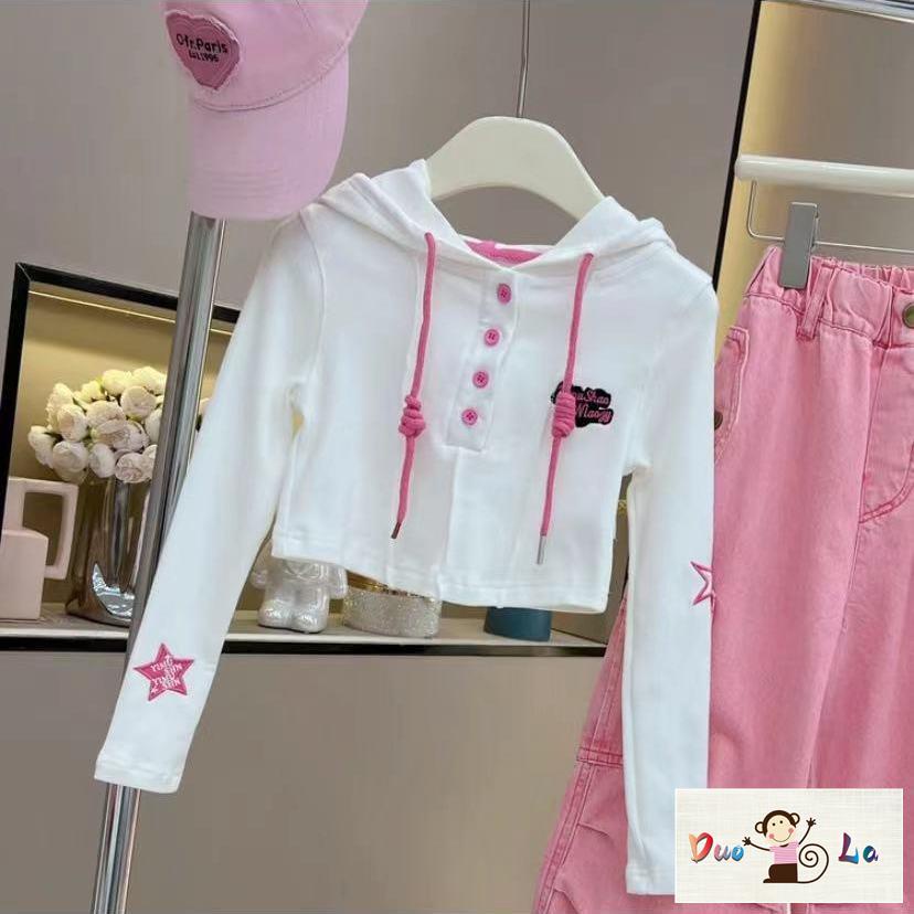 Áo Thun Tay Dài Có Mũ Trùm Thêu Họa Tiết Phong Cách Hàn Quốc Thời Trang Xuân Thu Dành Cho Bé Gái