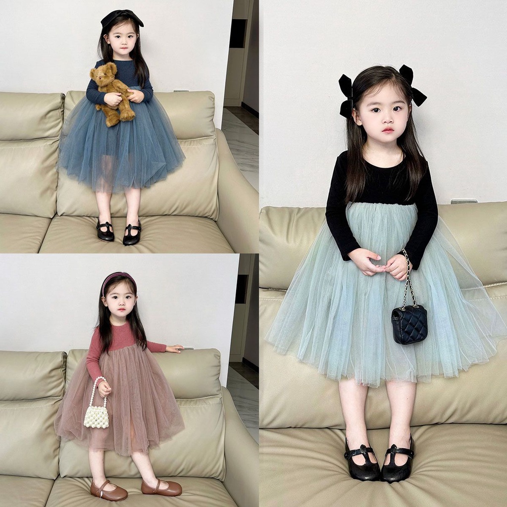 Đầm Công Chúa Tay Dài Phồng Mềm Mại Thời Trang Xuân Thu Cho Bé Gái