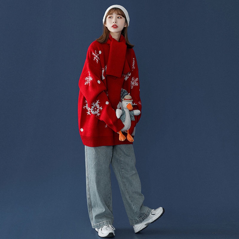 Áo Khoác sweater Dệt Kim Màu Đỏ Giáng Sinh 40% off] Phong Cách Hàn Quốc Mùa Thu Và Mùa Đông Mới Cho Nữ
