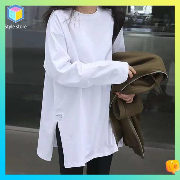 Áo phông nữ áo phông nữ dài tay Áo mặc trong màu trắng cao cấp áo hoodie mặc nhiều lớp lót nhung cho nữ áo thun dài tay dáng dài vừa rộng rãi mùa xuân thu đông phối bên trong
