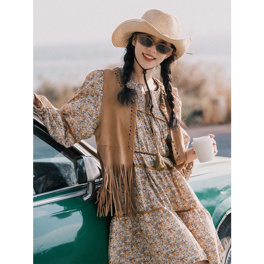 Áo Khoác denim Da Lộn Không Tay Phối Tua Rua Phong Cách bohemian 9.2 Cho Nữ