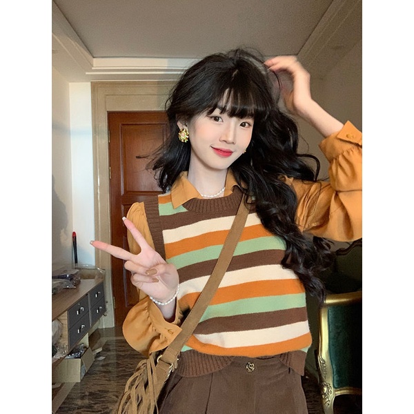 Set Áo vest Dệt Kim + Áo Sơ Mi Tay Phồng Họa Tiết Kẻ Sọc Thời Trang 2023 Dành Cho Nữ