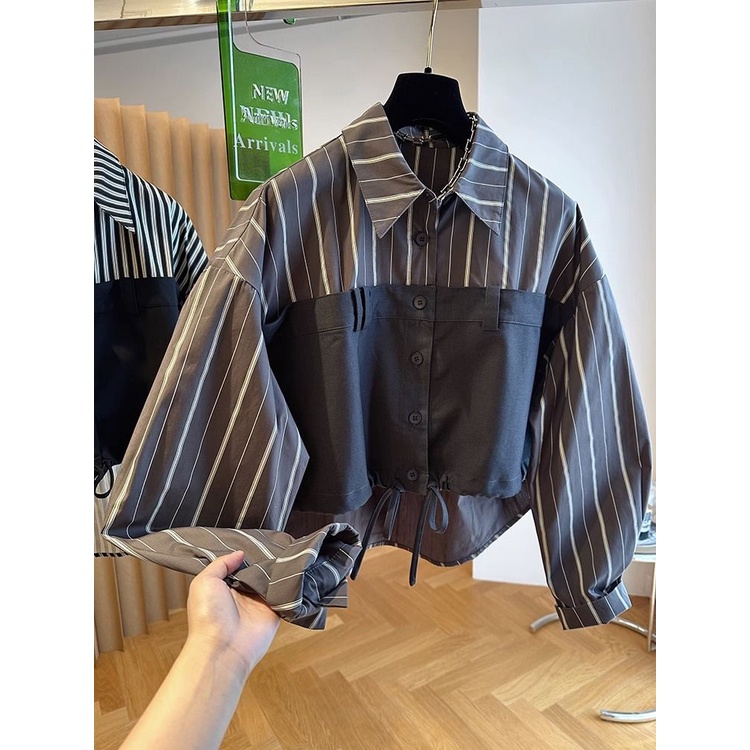 ~ Áo Sơ Mi Ngắn Dáng Rộng Tay Dài Kẻ Sọc Trước Sau Phong Cách Hàn Quốc Tinh Tế Thời Trang Thường Ngày Cho Nữ