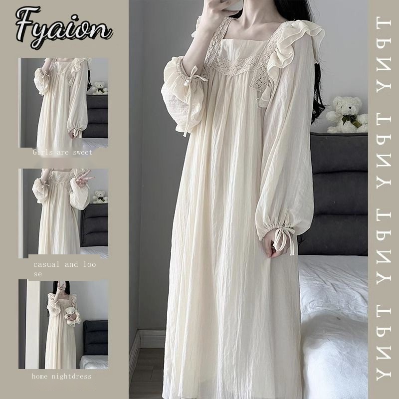 Đầm Ngủ Tay Dài Phối Ren Màu Sắc Ngọt Ngào Thời Trang Xuân Thu Cho Nữ