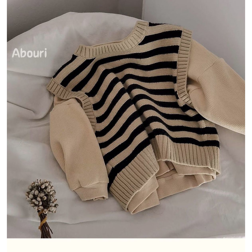 Áo Len Không Tay Cổ Tròn Họa Tiết Kẻ Sọc Phong Cách Hàn Quốc Thời Trang Xuân Thu Cho Bé Trai Và Gái