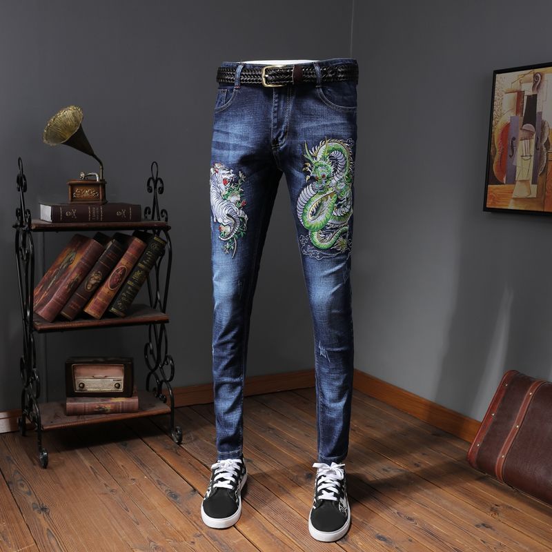 Quần jeans Rách Thêu Hình Rồng plus size 38