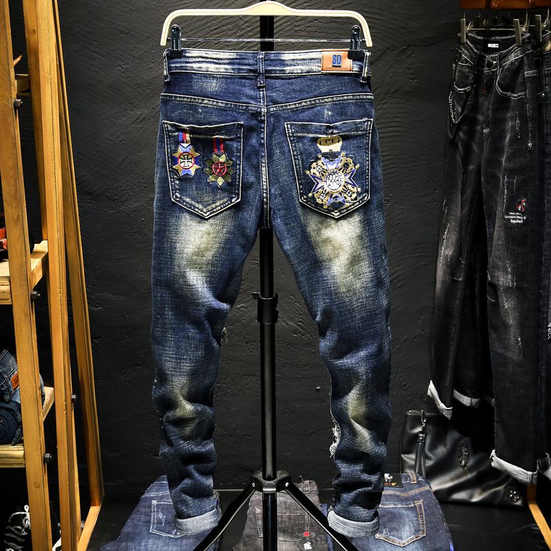 Quần Jean Dài Dáng Ôm Thêu Họa Tiết Thời Trang Thu Đông Cho Nam