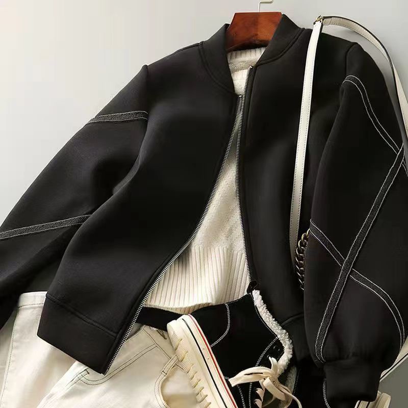 Áo Khoác Bóng Chày Màu Đen Phối Khóa Kéo Phong Cách hong kong Thời Trang Xuân Thu Cho Nữ