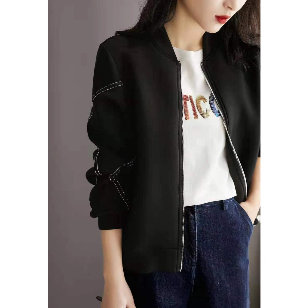 Áo Khoác Bóng Chày Màu Đen Phối Khóa Kéo Phong Cách hong kong Thời Trang Xuân Thu Cho Nữ