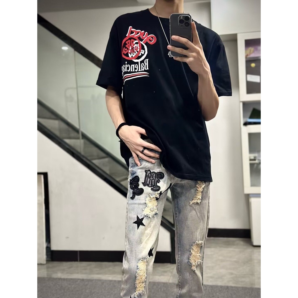 Quần Jean Rách Thêu Nhãn Vàng Dáng Ôm Co Giãn Thời Trang Cho Nam