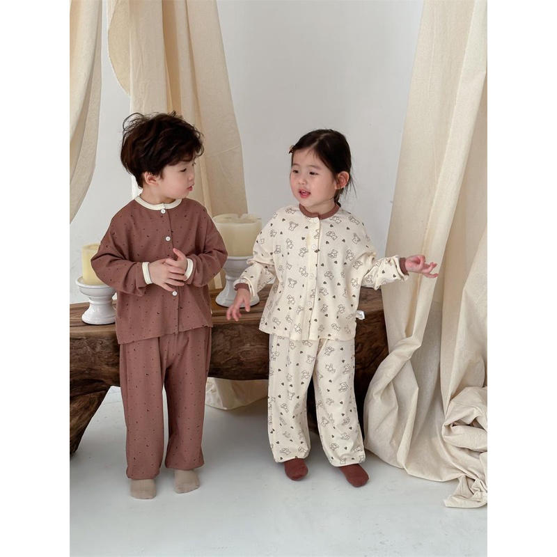 Bộ Đồ Ngủ cotton Tay Dài Thời Trang Xuân Thu Phong Cách Hàn Quốc 2023 Dành Cho Bé Trai Gái