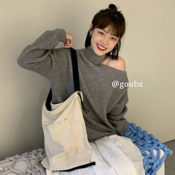 Áo len trễ vai áo len trễ vai tay dài Lazy Wind Off-vai màu xám dài tay áo áo len cho phụ nữ mùa thu lỏng lẻo hiển thị skinny off-vai áo len