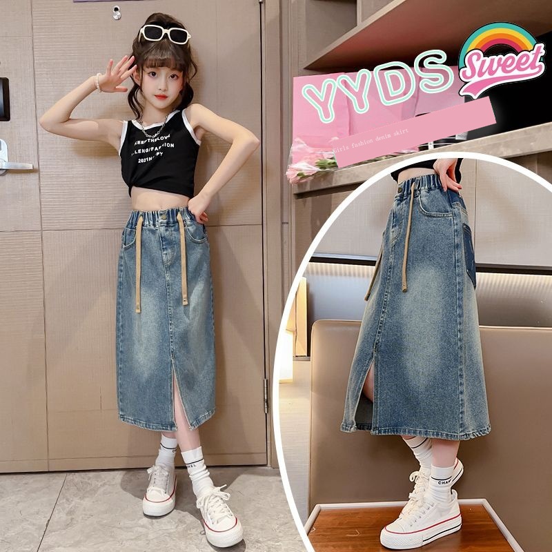 Chân váy jean Dài Qua Gối Thời Trang Xuân Thu 2023 Mới Mẻ Cho Bé Gái