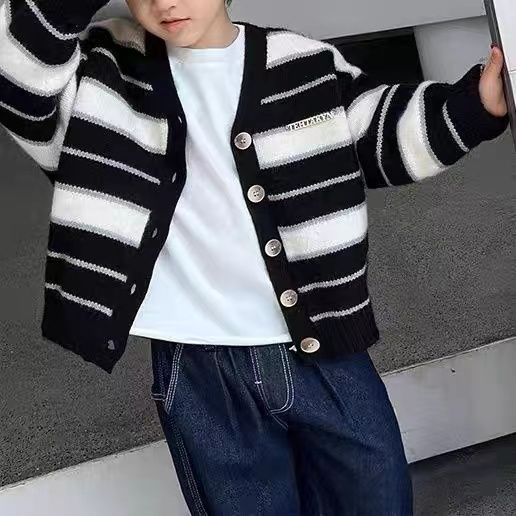 Áo Khoác Cardigan Dệt Kim Kẻ Sọc Rộng Thời Trang Xuân Thu Phong Cách Hàn Quốc Cho Bé Trai Và Gái
