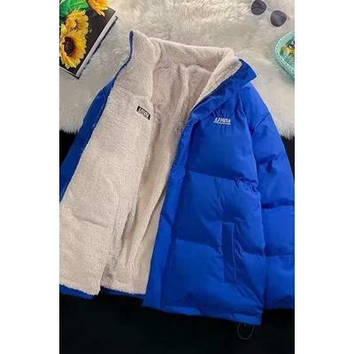 Áo lông vũ cặp đôi màu xanh Klein áo bánh mì dày dặn mùa đông instagram cho nam và nữ áo khoác cặp đôi lông cừu mặc hai mặt