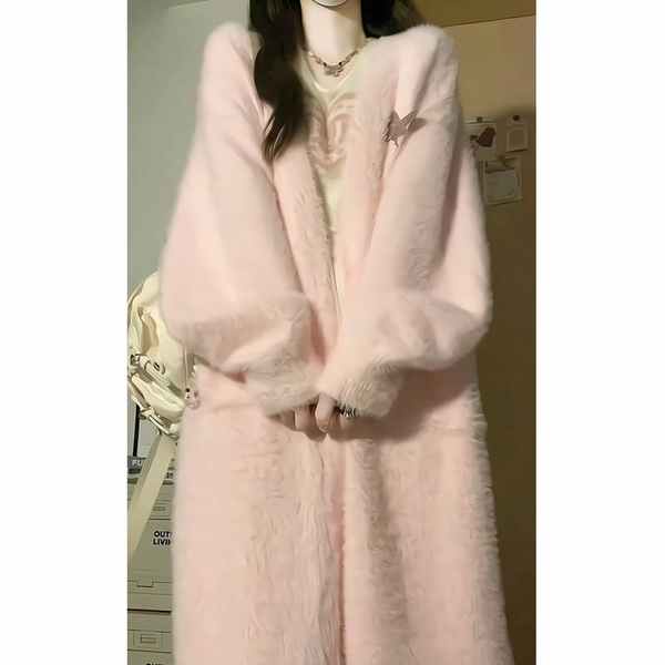 Áo len dài màu hồng Áo khoác Cardigan nữ mùa thu đông bên ngoài dáng rộng phong cách lười biếng nhẹ nhàng Mink Fleece Cardigan Top