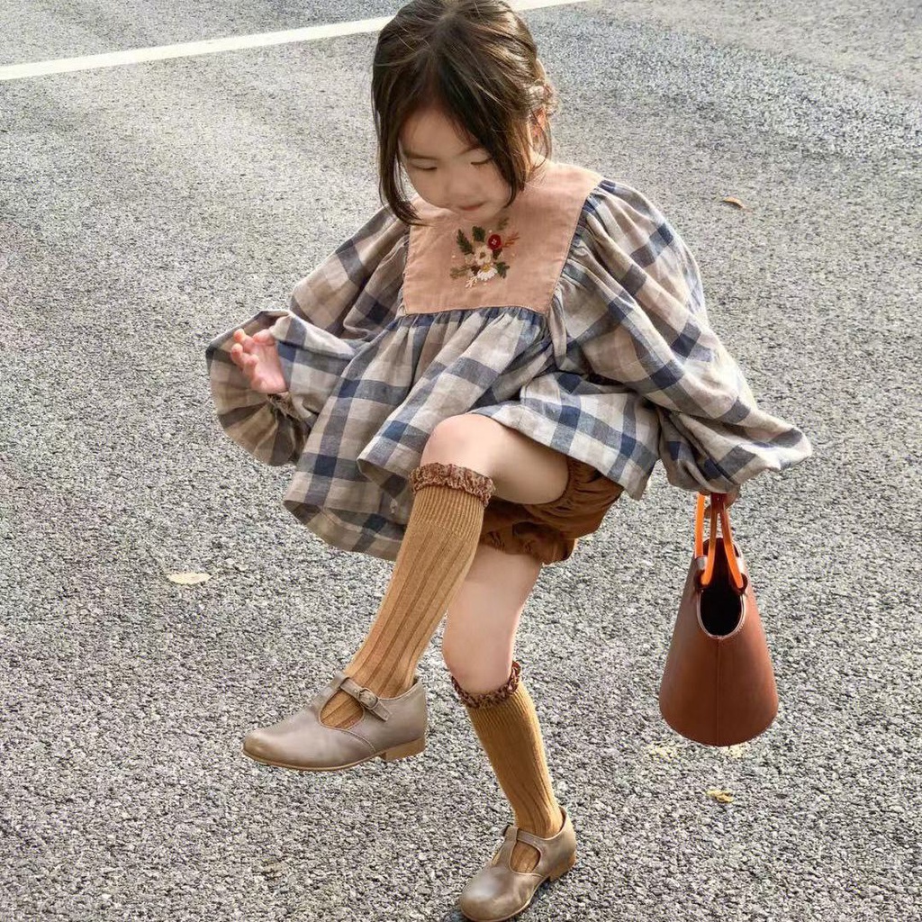 Bộ Áo Tay Dài In Họa Tiết Caro + Quần Hoa Dễ Thương Phong Cách Hàn Quốc Thời Trang Mùa Thu Cho Bé Gái