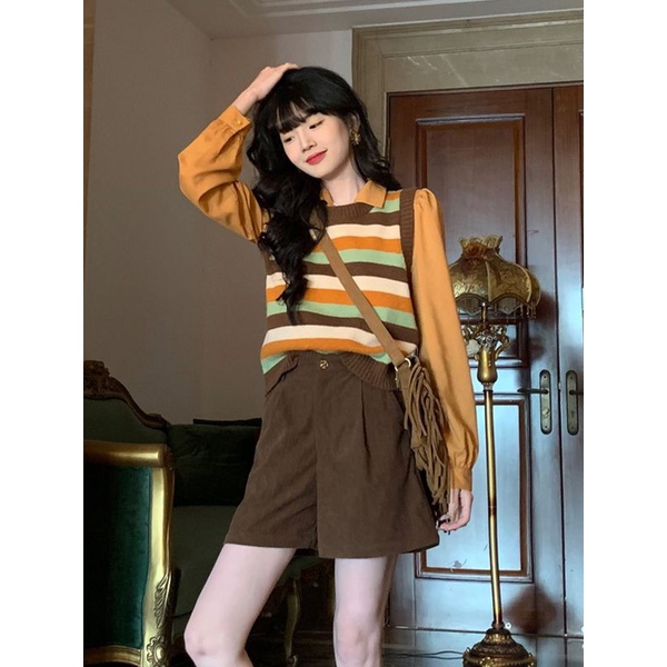 Set Áo vest Dệt Kim + Áo Sơ Mi Tay Phồng Họa Tiết Kẻ Sọc Thời Trang 2023 Dành Cho Nữ