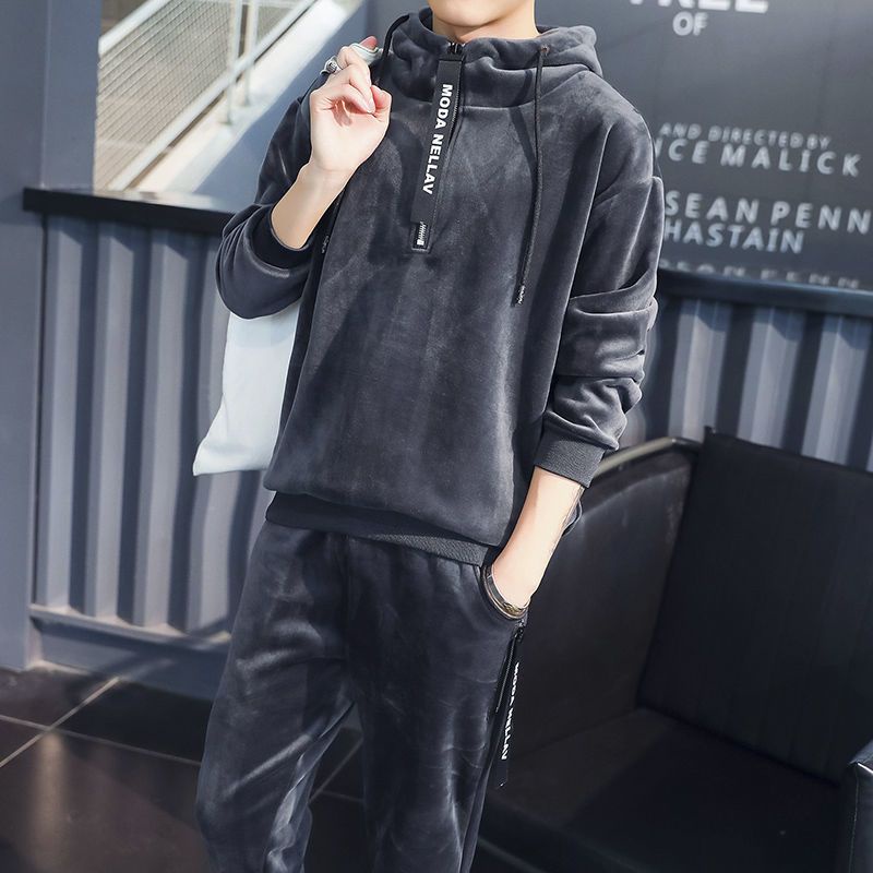 Set Đồ Thể Thao Phối Áo Thun Nhung Hai Mặt Thời Trang Thu Đông 200 pounds Cá Tính Cho Nam
