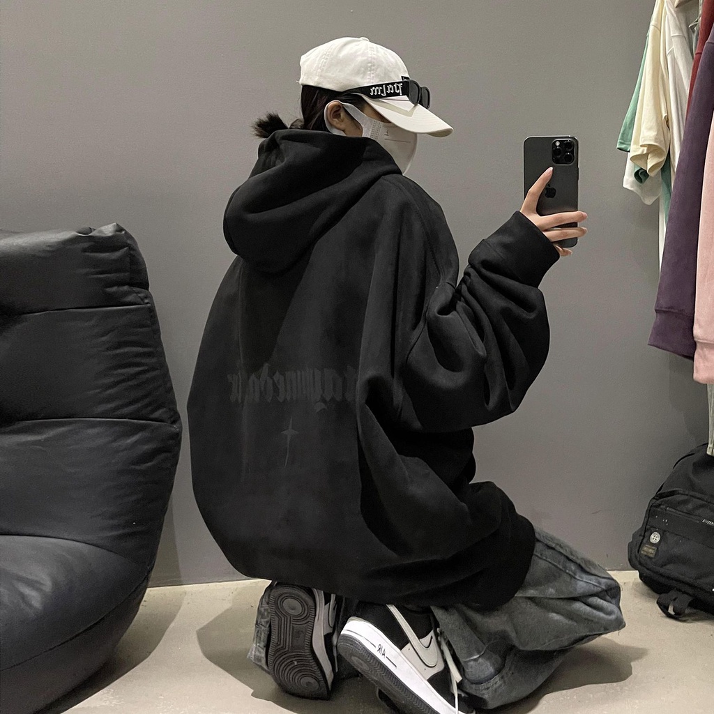 Áo Hoodie Da Lộn Dày Dặn Phong Cách retro Mỹ Cho Nam Nữ