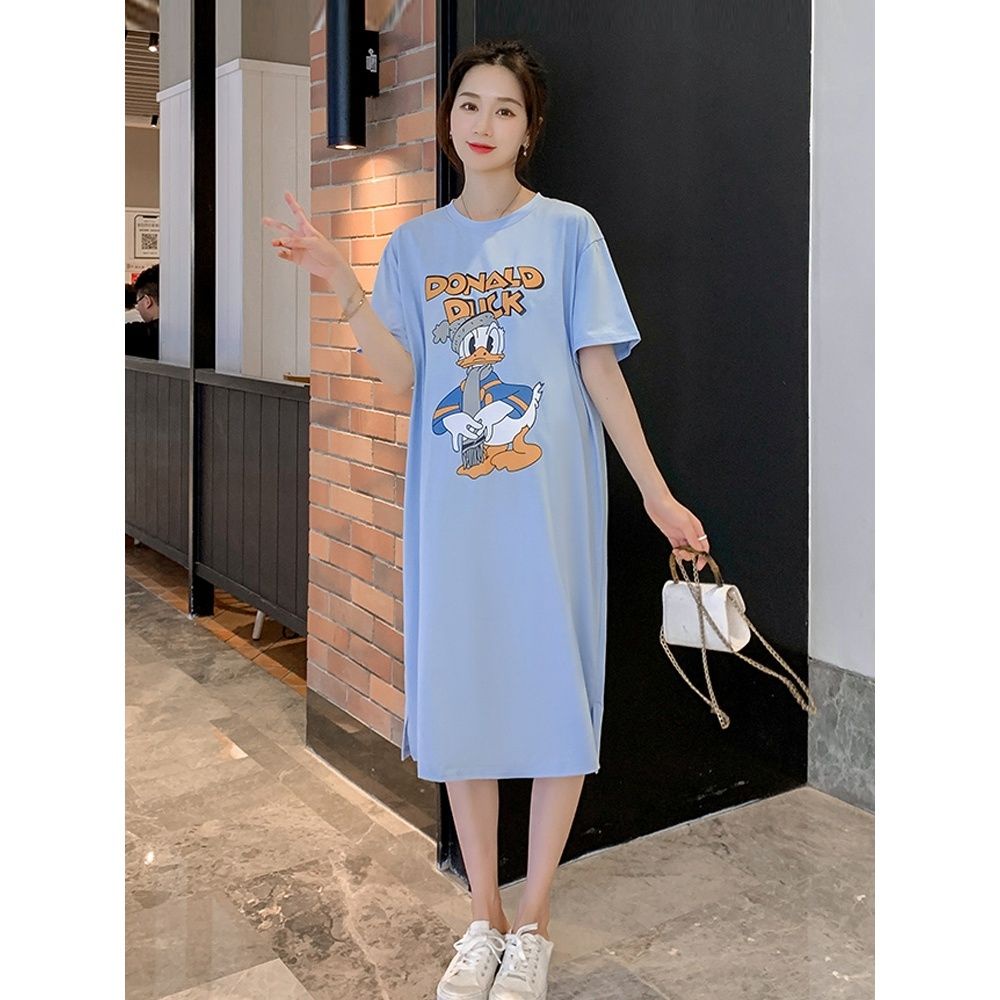 Đầm Thun Dáng Dài Xẻ Tà Tay Ngắn Thời Trang Cho Mẹ Bầu