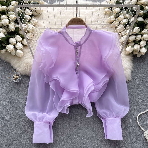 ✿ áo trung niên nữ ✿ áo ny có hàng sẵn ❦Áo Sơ Mi Lưới Tay Dài Phối Bèo Sang Trọng Thời Trang Mùa Thu Cho Nữ✳