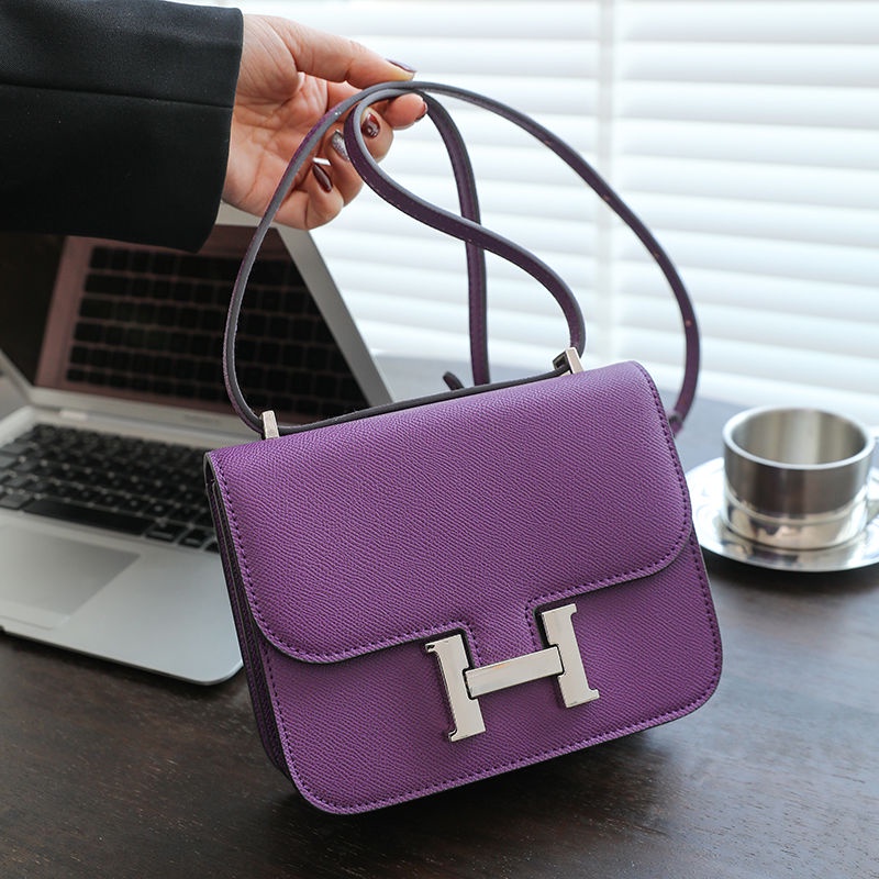 Hermes Túi Xách Da Hình Vuông Phối Khóa Gài Chữ h Màu Bạc Thời Trang 2023 Sang Trọng Cho Nữ