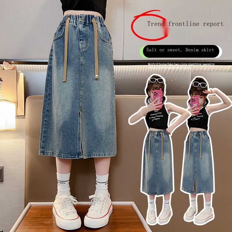Chân váy jean Dài Qua Gối Thời Trang Xuân Thu 2023 Mới Mẻ Cho Bé Gái
