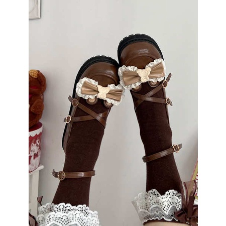 Giày Da Mũi Tròn Đế Bằng Cột Dây Kiểu lolita Dễ Thương