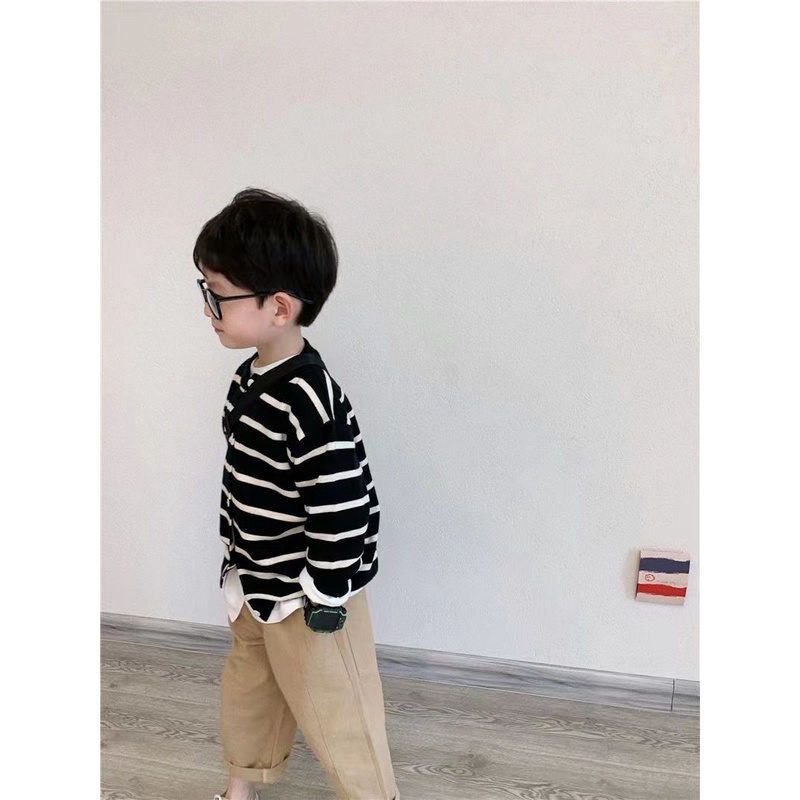 Áo Khoác cardigan Dệt Kim Kẻ Sọc Trắng Đen Phong Cách Hàn Quốc Cho Bé Trai