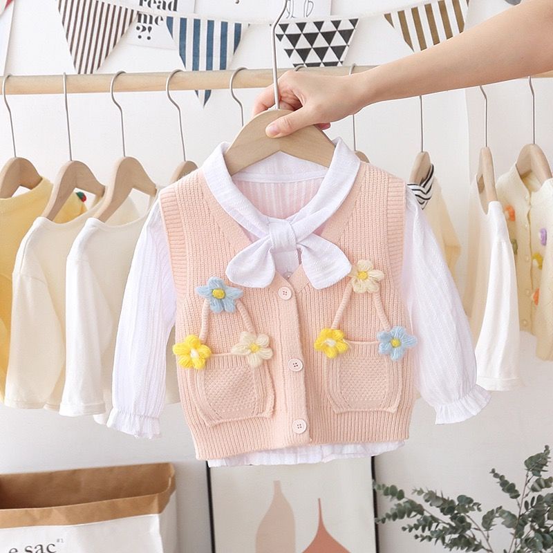 Bộ Áo Khoác cardigan + Áo sweater Dệt Kim Thời Trang Mùa Thu 2021 Mới Cho Bé Gái