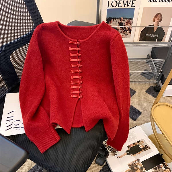 Mới Áo Khoác cardigan Dệt Kim Dáng Ngắn Cài Nút Kiểu Trung Hoa Thời Trang Thu Đông Cho Nữ