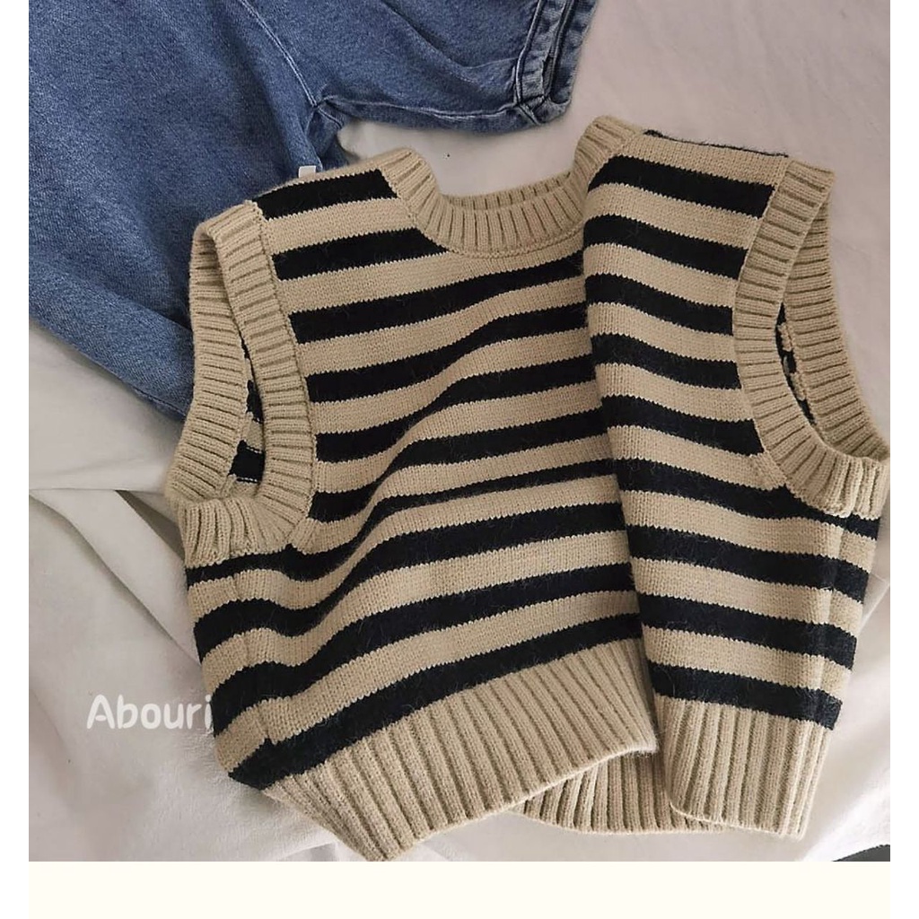 Áo Len Không Tay Cổ Tròn Họa Tiết Kẻ Sọc Phong Cách Hàn Quốc Thời Trang Xuân Thu Cho Bé Trai Và Gái