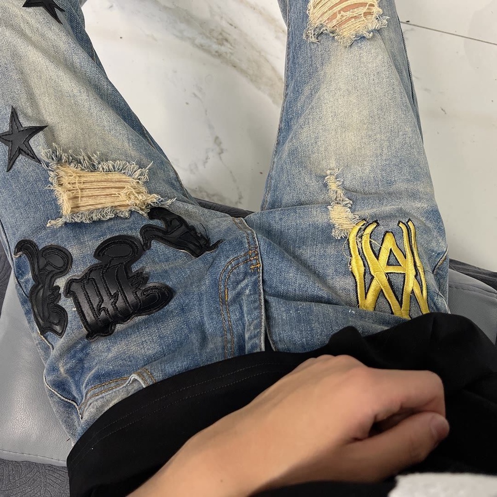 Quần Jean Rách Thêu Nhãn Vàng Dáng Ôm Co Giãn Thời Trang Cho Nam
